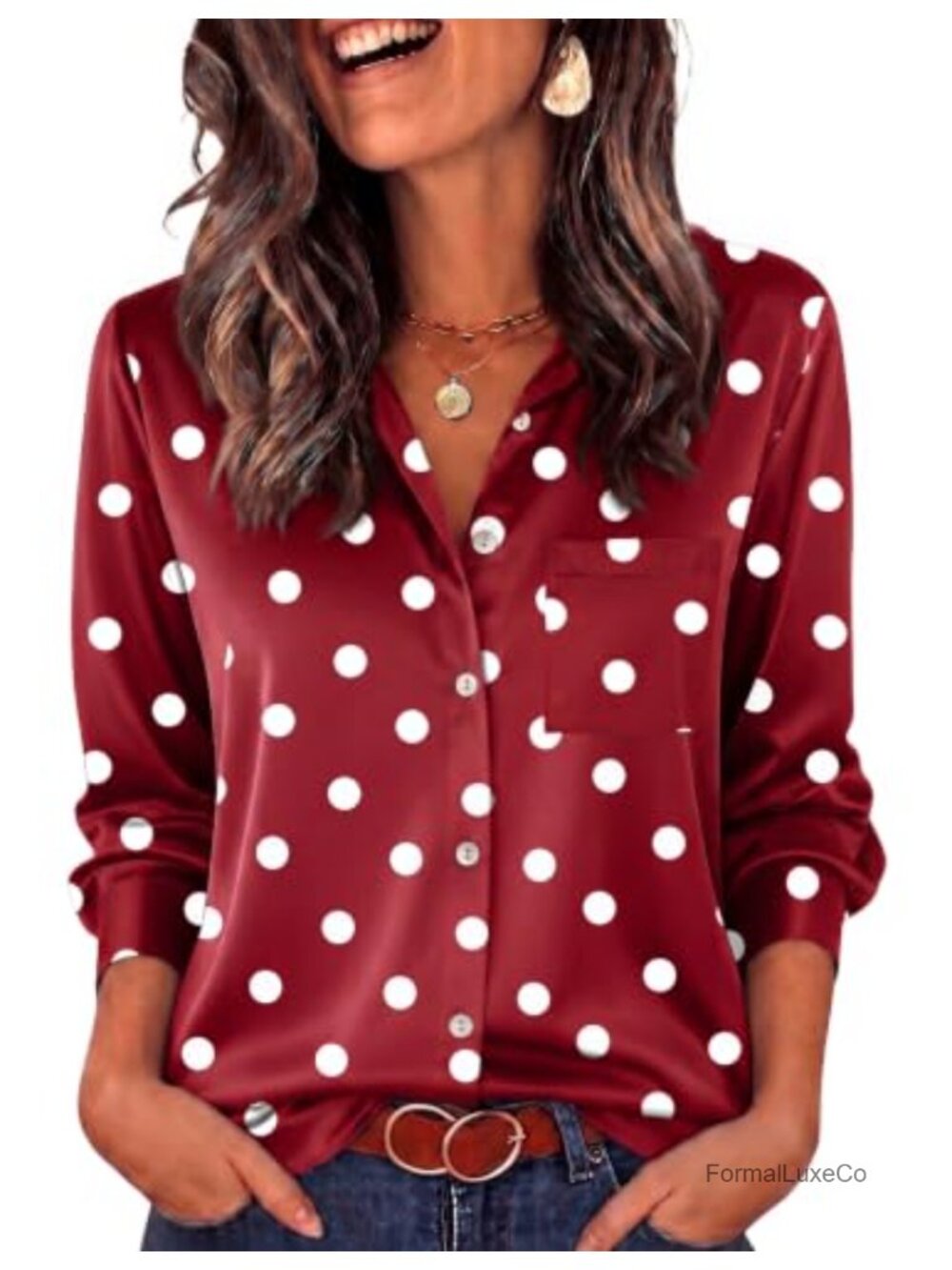 Satin Button Down Blouse Long Sleeve V Neck Dressy Casual Work Top